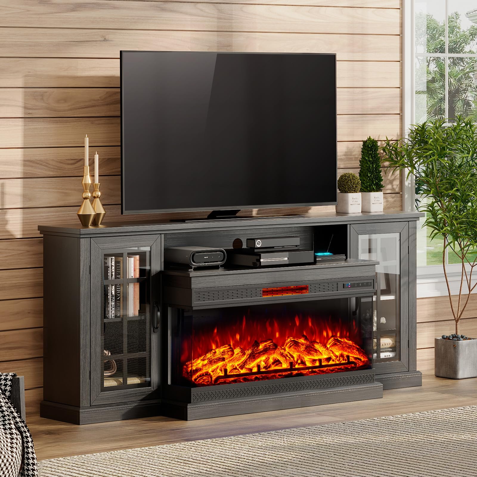 AMERLIFE 75in 3 Sided Glass Fireplace TV Stand for TVs up to 85