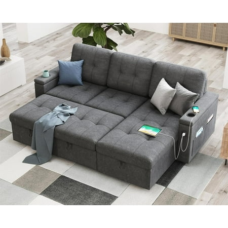AMERLIFE 84 Inch Sleeper Sofa with 2 USB & Cup Holders, L Shape Sofa with Storage Chaise, Dark Grey