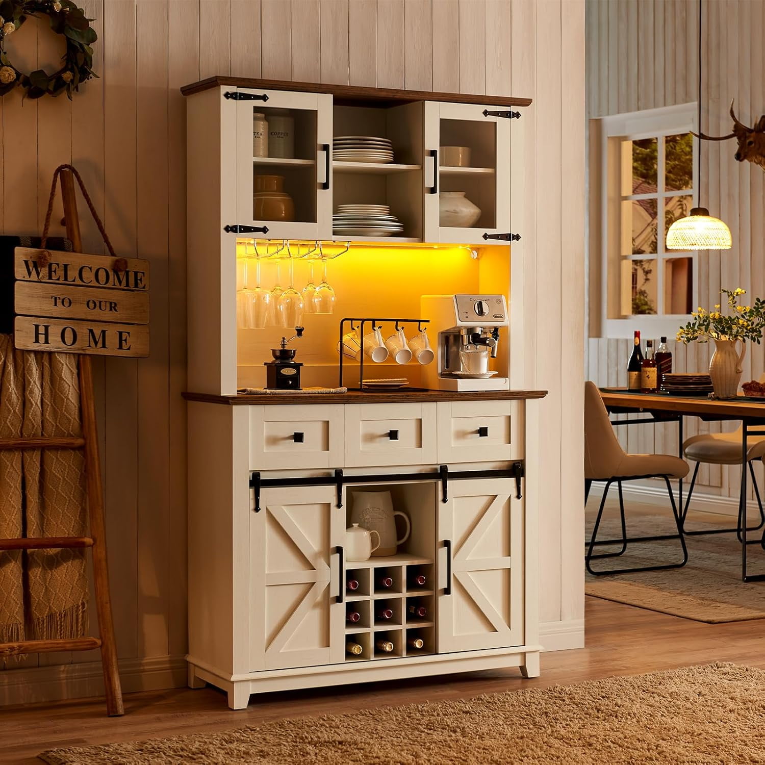 AMERLIFE Coffee Bar Cabinet with Sliding Barn Door, 72'' Farmhouse ...