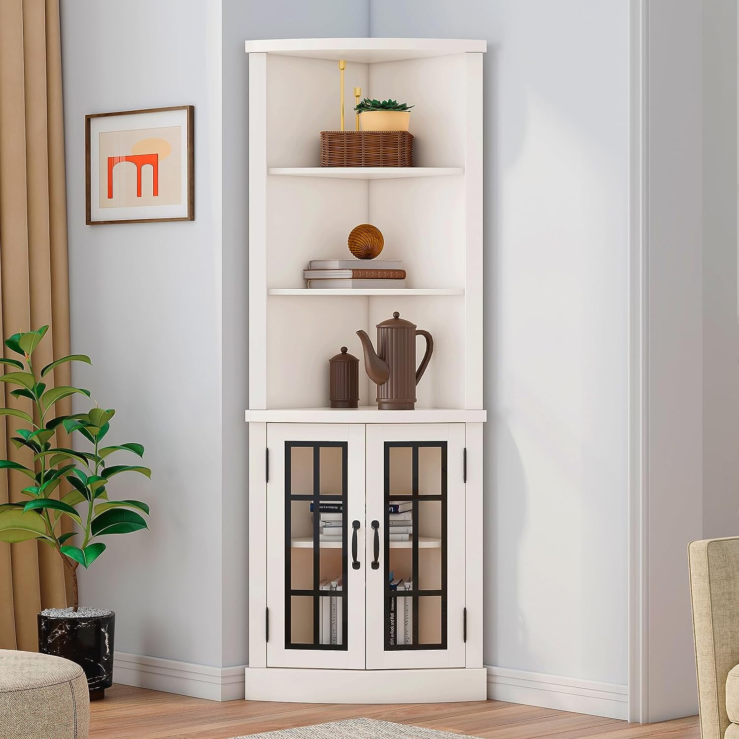 Kerington Curved Corner Storage Cabinet, 65 Tall Freestanding Bookcase with Glass Doors & Adjustable Shelves, 5-Tier Corner Display Cabinet for Livin