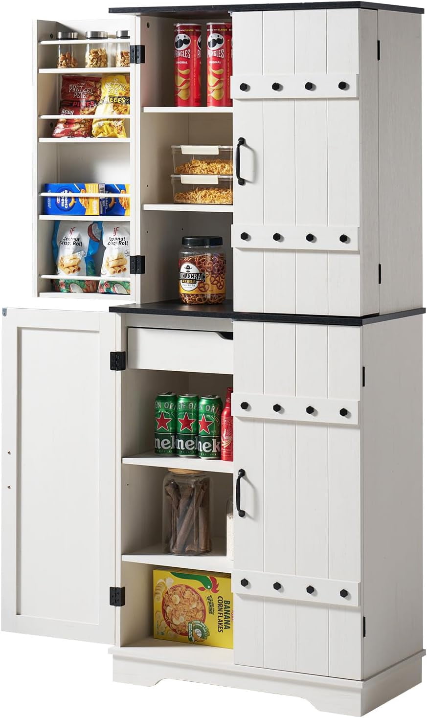 AMERLIFE Farmhouse Kitchen Pantry, Wooden Cupboard with Drawer, 72 ...