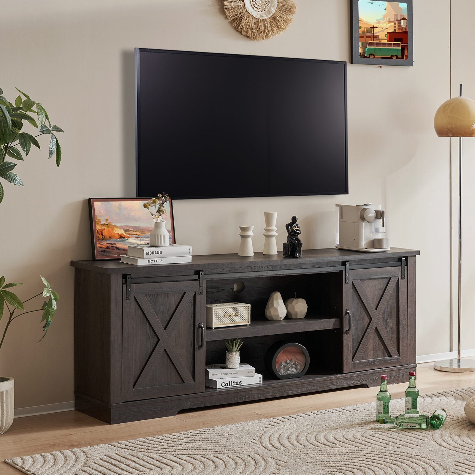 AMERLIFE Farmhouse TV Stand for 75 inches TVs, 66" Entertainment Center