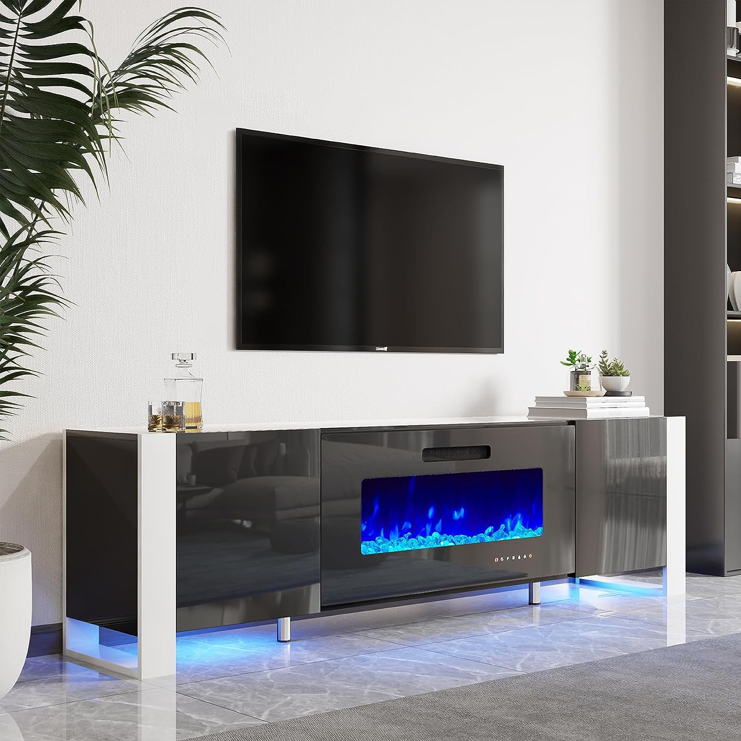 AMERLIFE Fireplace TV Stand with 40" Fireplace, 80" Modern High Gloss
