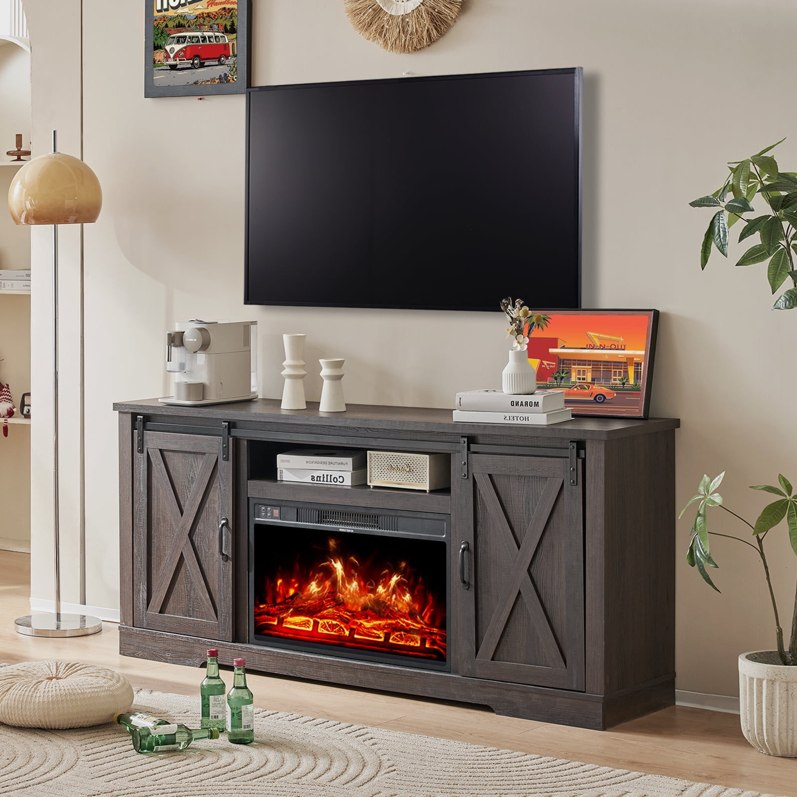 AMERLIFE Fireplace TV Stand with Sliding Barn Door for TVs up to 73
