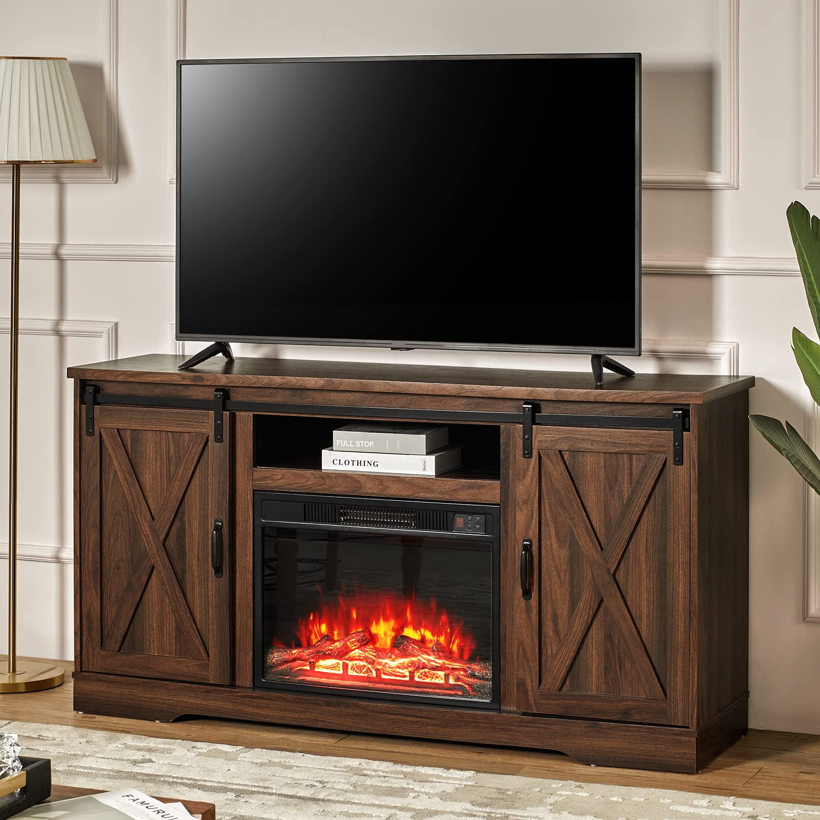 AMERLIFE Fireplace TV Stand Sliding Barn Door Wood Entertainment Center