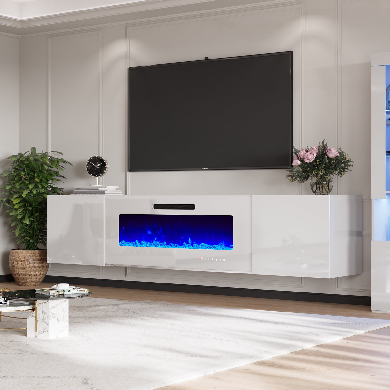 AMERLIFE Floating Fireplace TV Stand, Wall Mounted Mirrored ...