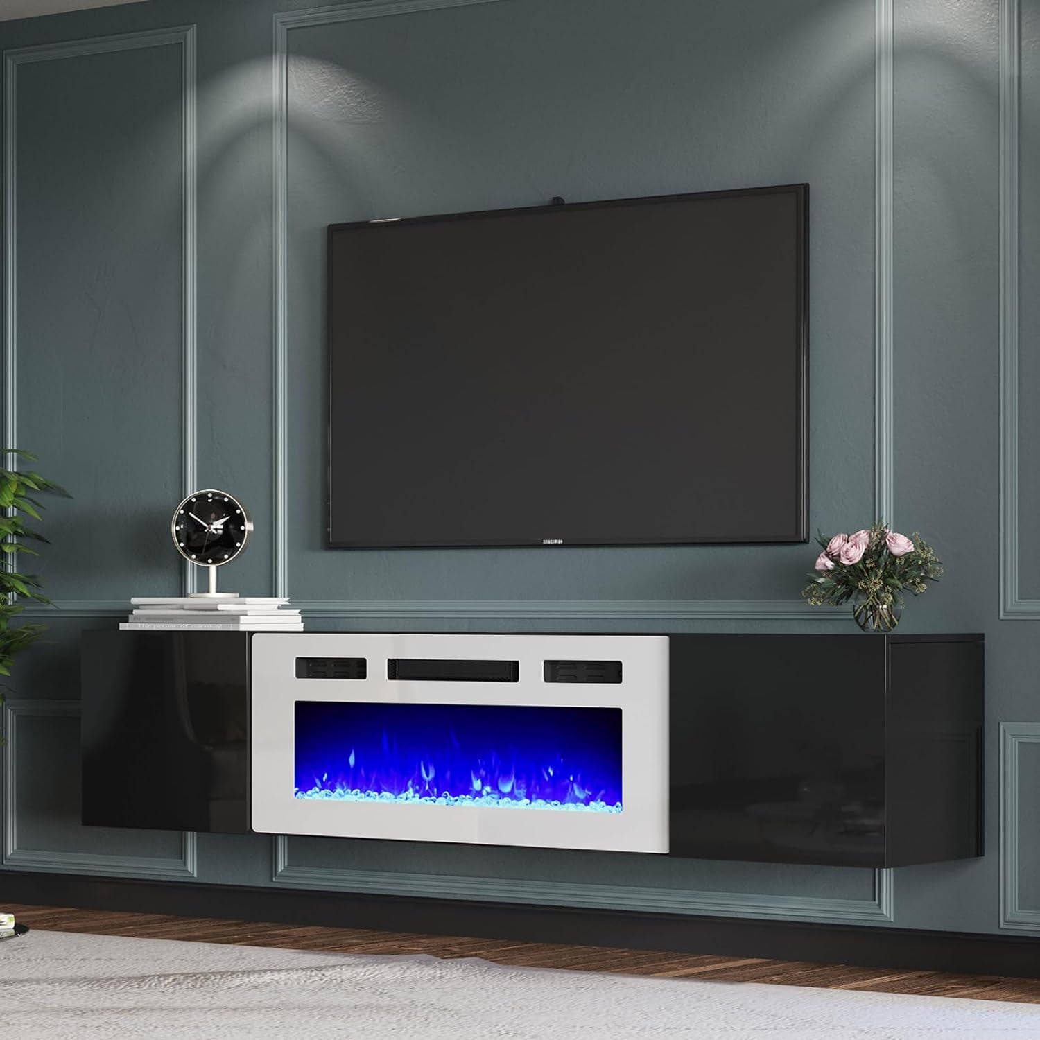 AMERLIFE Floating TV Stand with 36" Electric Fireplace, High Gloss