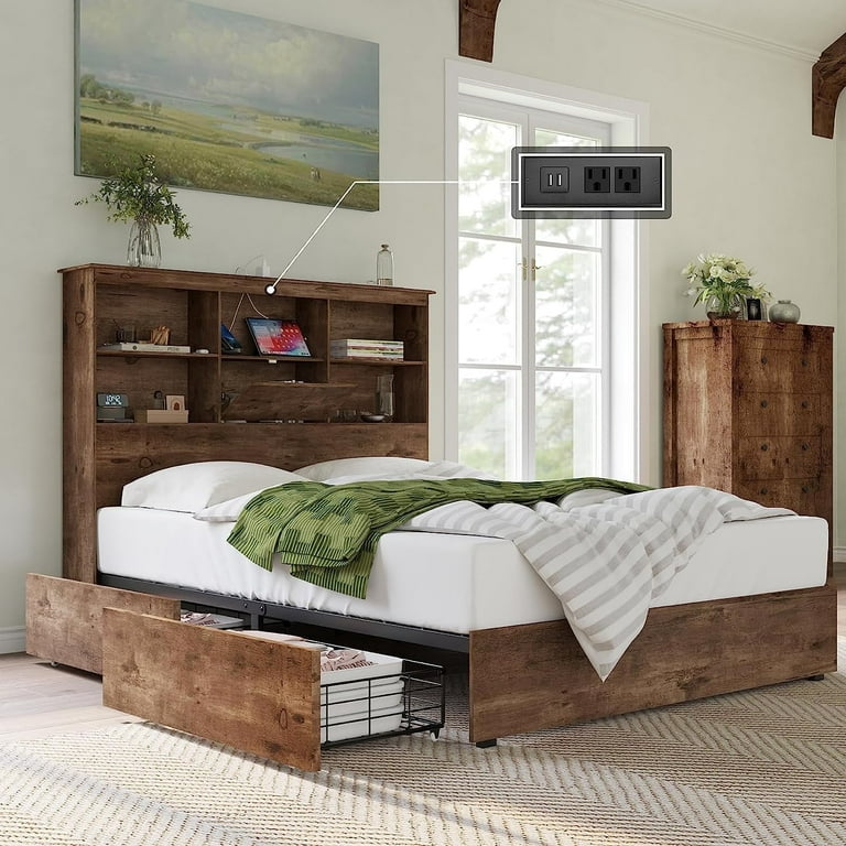 AMERLIFE Full Size Wooden Bed Frame with Bookshelf Storage Drawers Charging Station Walmart
