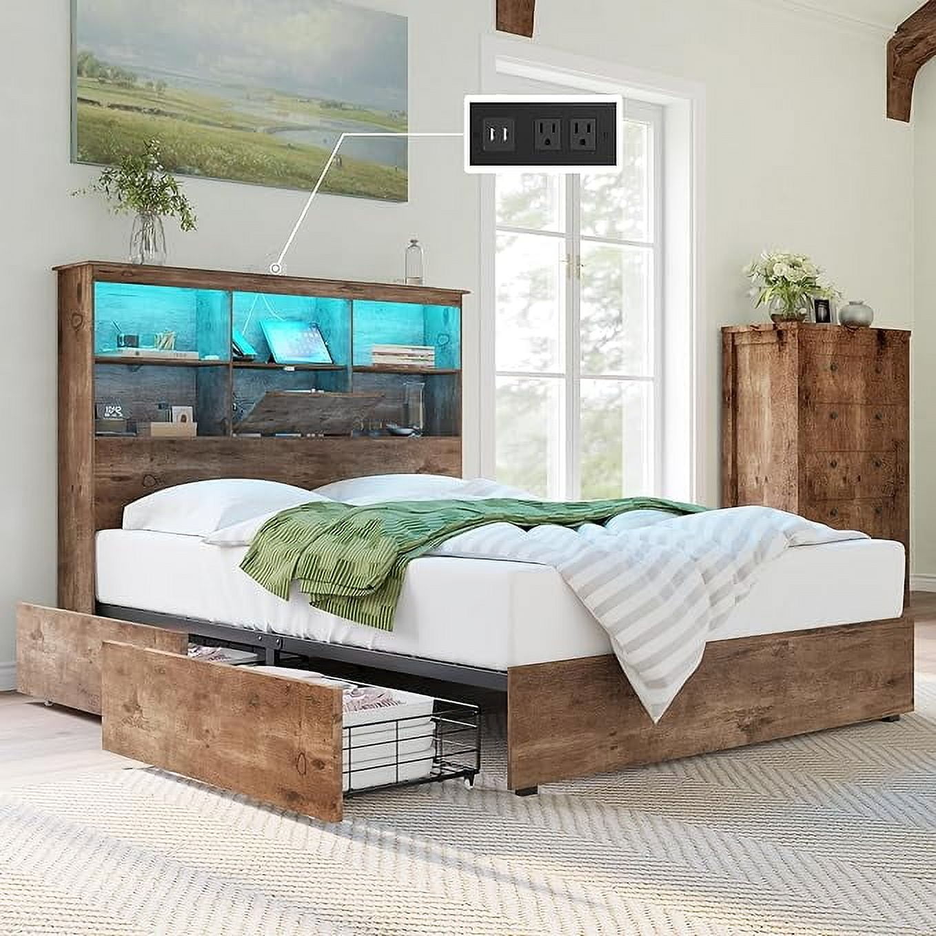 AMERLIFE Queen Size Bed Frame Wooden Platform Bed with Storage Bookcase Headboard 4 Storage Drawers Charging Station No Box Spring Needed Noise
