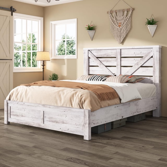 AMERLIFE Full Size Farmhouse Bed Frame with Barn Door Headboard