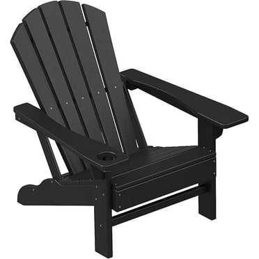 Merluxy HDPE Adirondack Chair with Cup Holder and Wide Armrests, Outdoor Chair for Patio, Garden, Deck, Porch, Lawn, Pool and Backyard, Black
