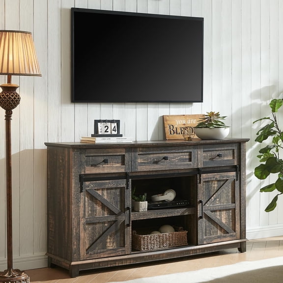 Merluxy TV Stands for Living Room with Sliding Barn Doors for Televisions up to 65+ Inch, Rustic Oak Black