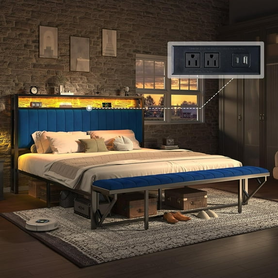 AMERLIFE King Bed Frame with Foldable Ottoman, Velvet Upholstered Headboard with LED Lights, Charging Station and Storage Shelves, No Box Springing Needed, Noisy Free, Navy Blue