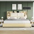 thumbnail image 1 of Merluxy King Size Bed Frame with 4 Storage Drawers, Upholstered Bed Frame with 47.2" Bookcase Headboard, Wooden Platform Bed with Charging Station/No Box Spring Needed/Maple, 1 of 9