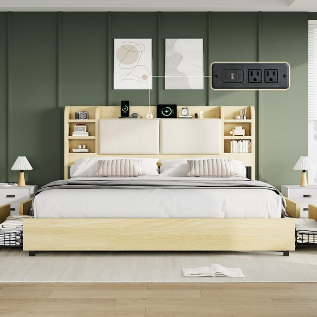 Merluxy King Size Bed Frame with 4 Storage Drawers, Upholstered Bed Frame with 47.2" Bookcase Headboard, Wooden Platform Bed with Charging Station/No Box Spring Needed/Maple
