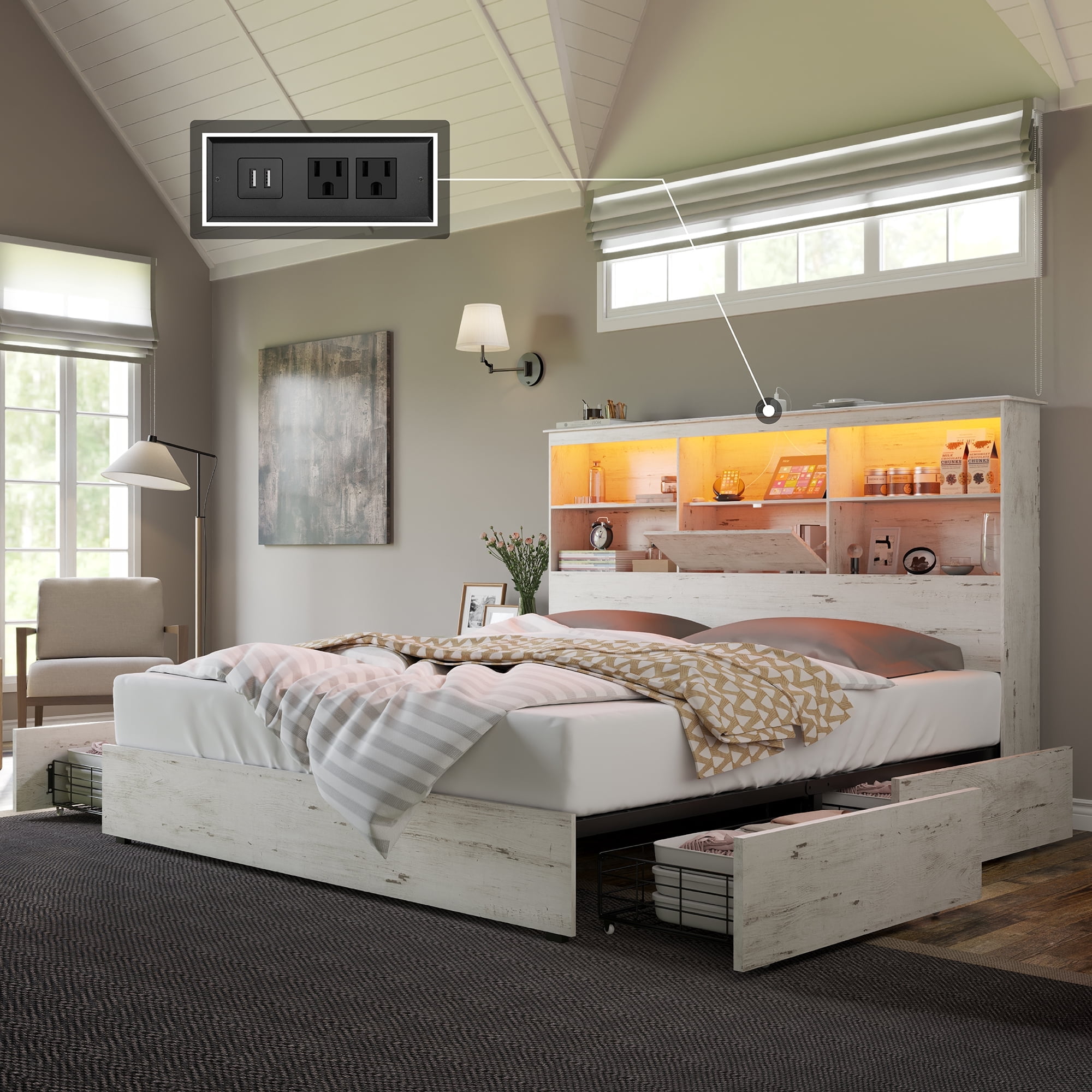 Amerlife King Size Bed Frame Wooden Platform Bed With 51 2 Storage Led Bookcase Headboard 4 Amerlife King Size Bed Frame Wooden Platform Bed With 51 2 Storage Led Bookcase Headboard 4