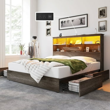 Merluxy King Size Bed Frame Wooden Platform Bed with Storage Bookcase Headboard, 4 Storage Drawers & Charging Station/No Box Spring Needed/Noise Free/Rustic Grey