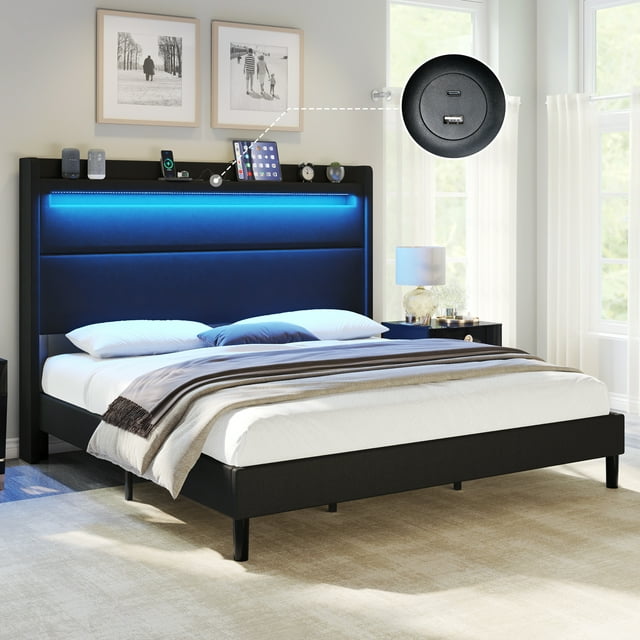 AMERLIFE King Size Floating Bed Frame, Queen Bed Frame with LED Lights