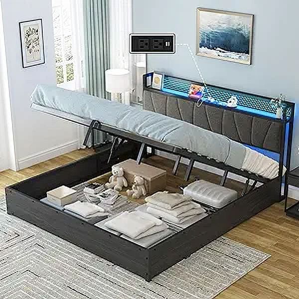 AMERLIFE King Size Lift Up Bed Frame With Linen Upholstered & LED Light ...