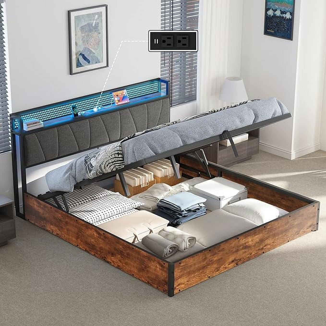 AMERLIFE King Size Lift Up Bed Frame With Linen Upholstered & LED Light ...