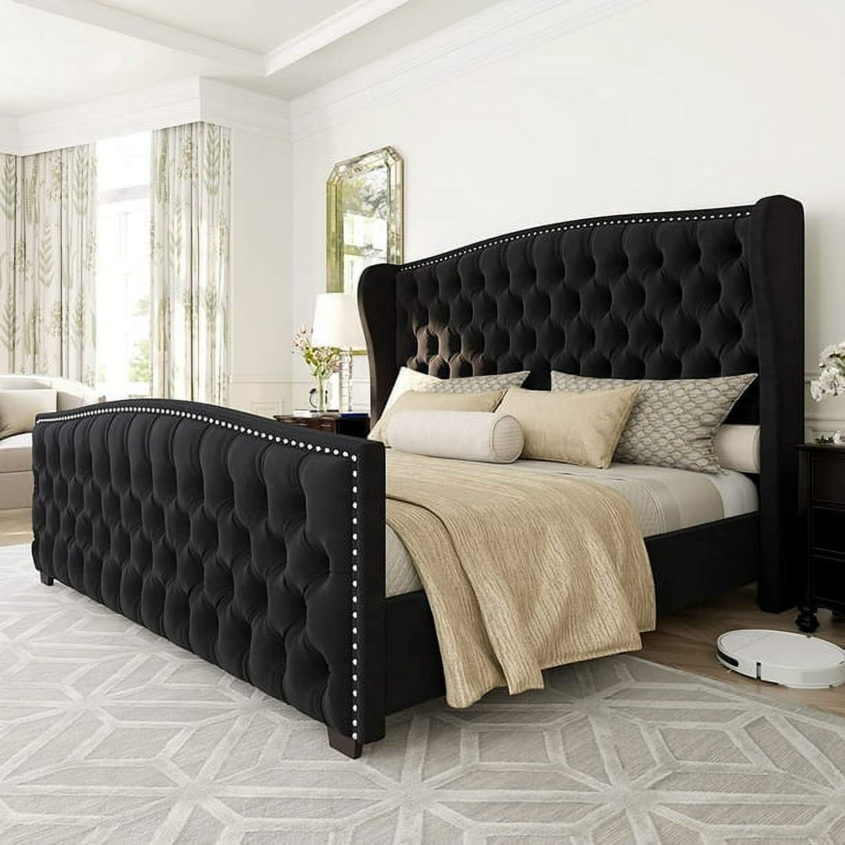 AMERLIFE King Size Bed Frame, Velvet Fabric Upholstered with Tufted Wingback Headboard, No Box