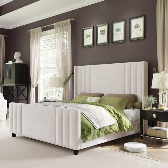 VanAcc King Size Vertical Channel Tufted Headboard Modern Velvet Platform Bed, Cream