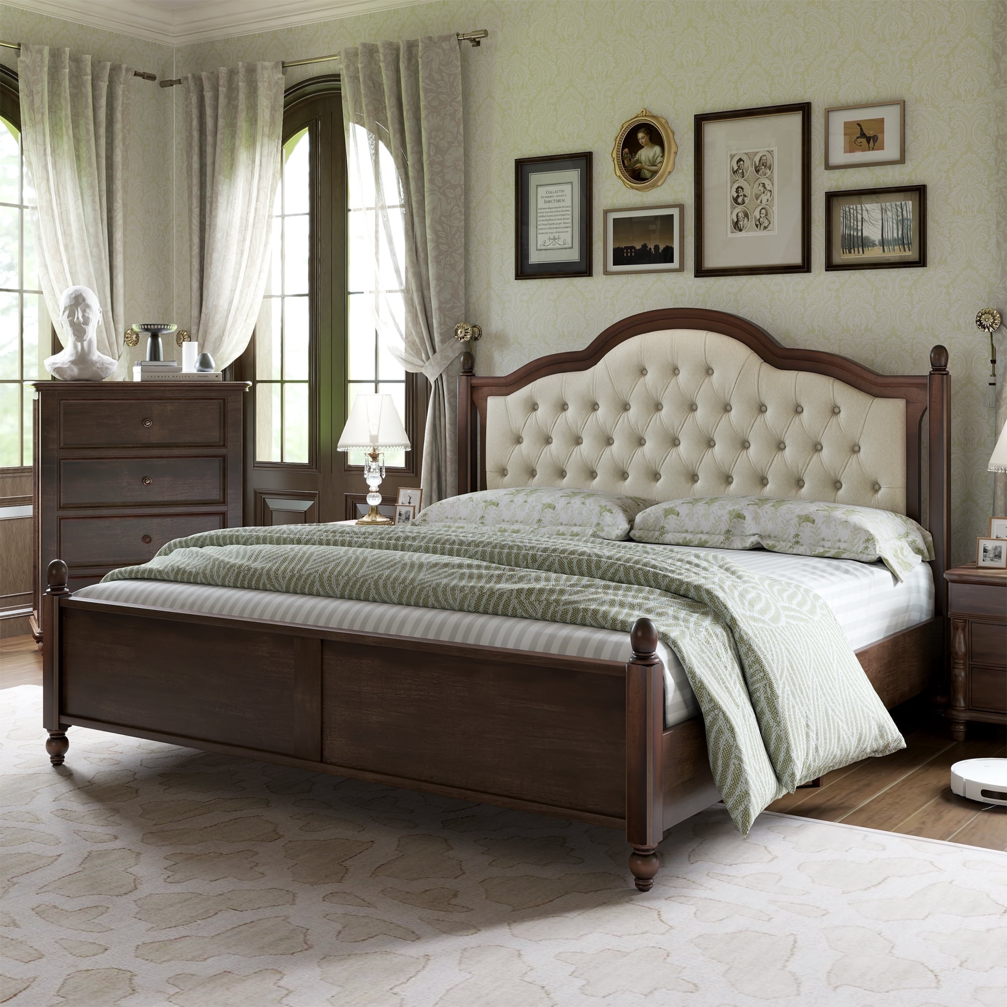King Natural Rubberwood Platform Bed with Tufted Upholstered Headboard