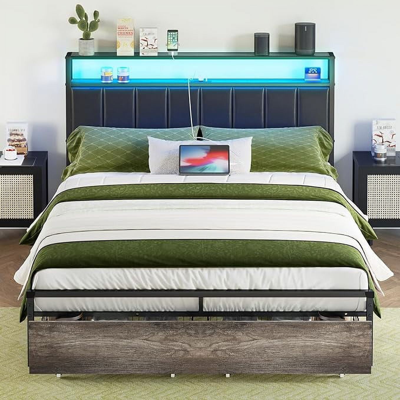 AMERLIFE LED Bed Frame With Drawers, Full Platform Bed Frame With 2 ...