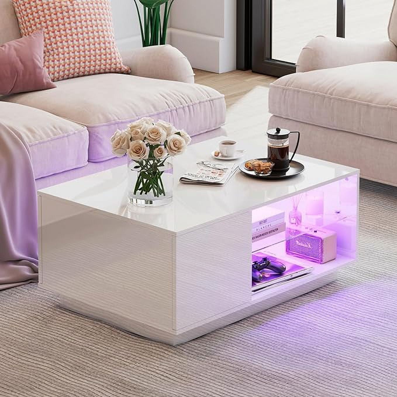 AMERLIFE LED Coffee Table with 20Color Light & Glass Shelf Storage