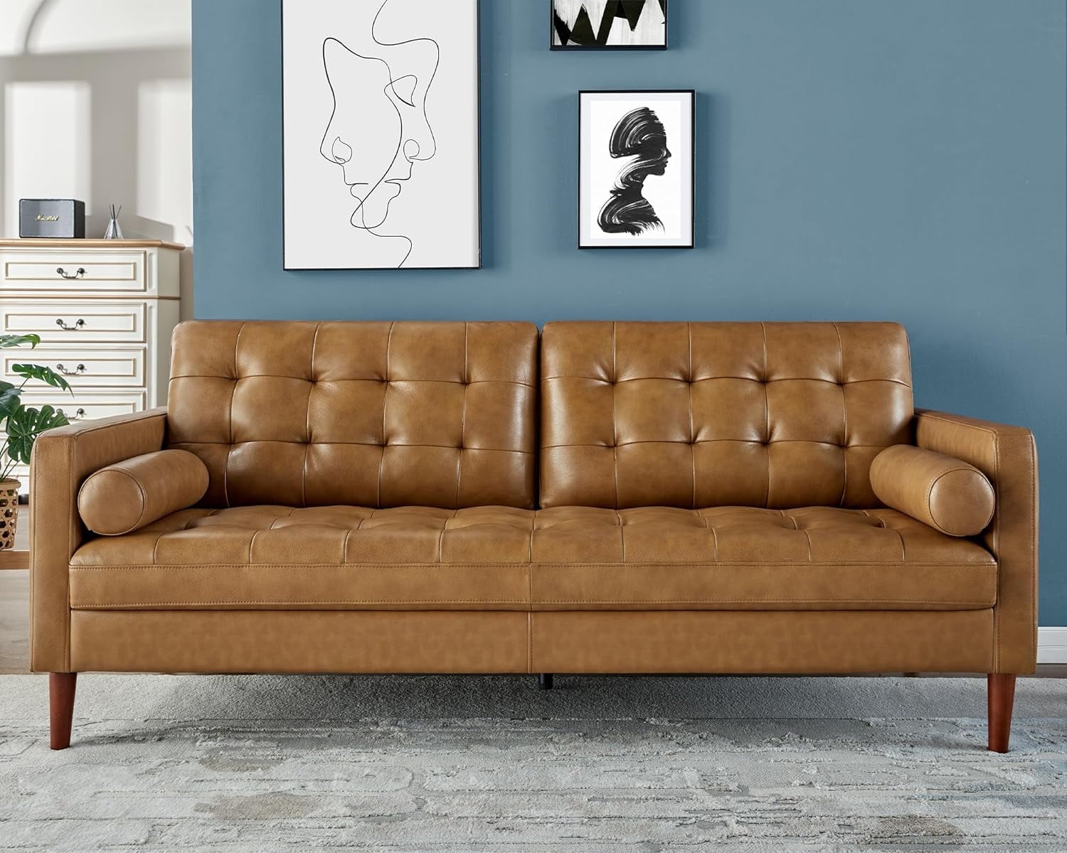 AMERLIFE Genuine Leather Sofa, 3-Seater Mid-Century Modern AMERLIFE Genuine Leather Sofa, 3-Seater Mid-Century Modern