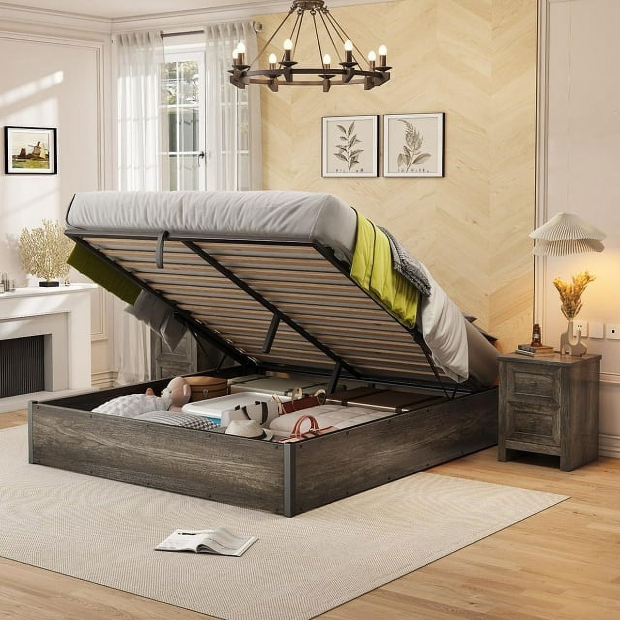 Merluxy Lift up Storage Bed Wood Platform Full Size Bed Frame No Fixed Headboard Rustic Grey