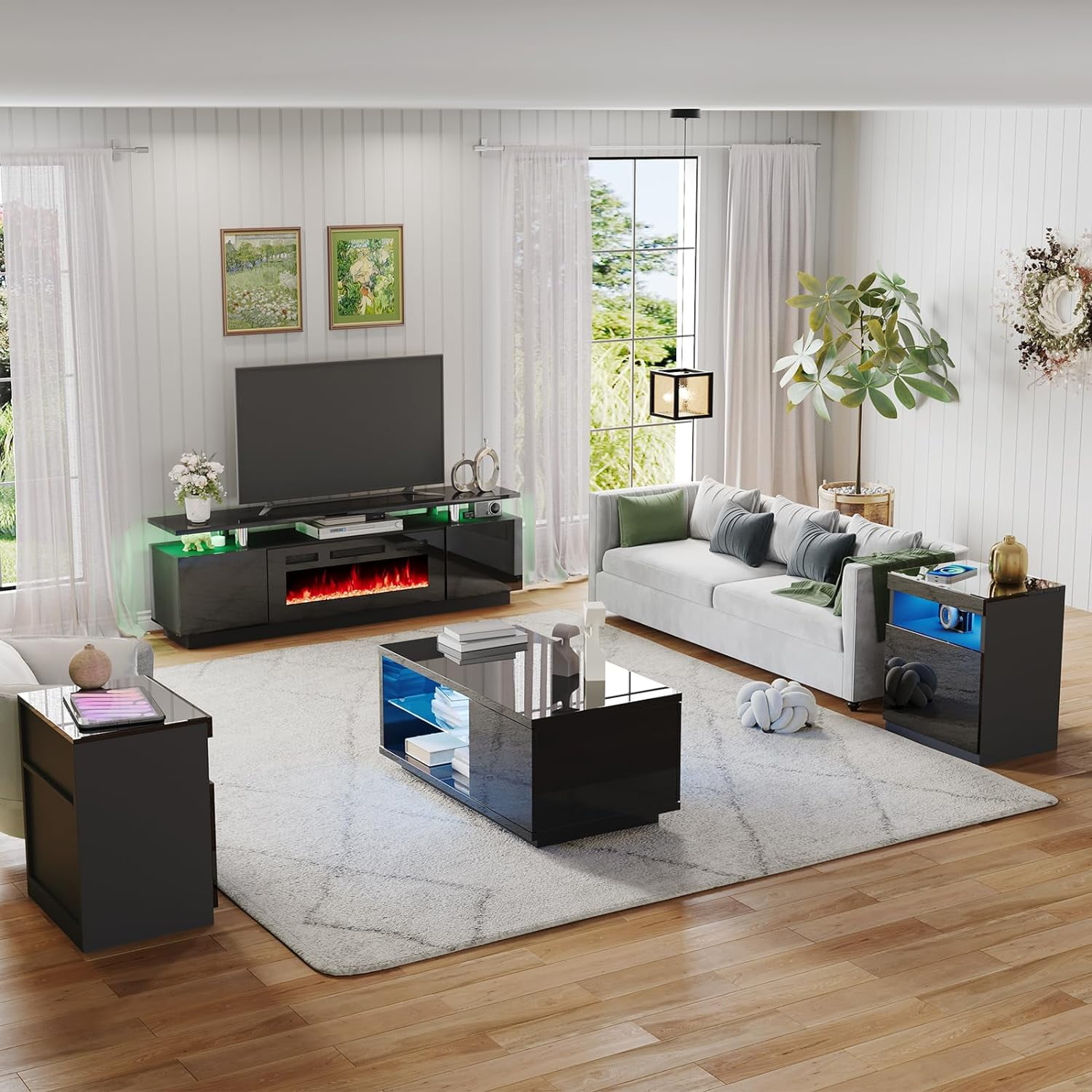 AMERLIFE Modern High Gloss Living Room Table Sets of 5, 2Tier 70in