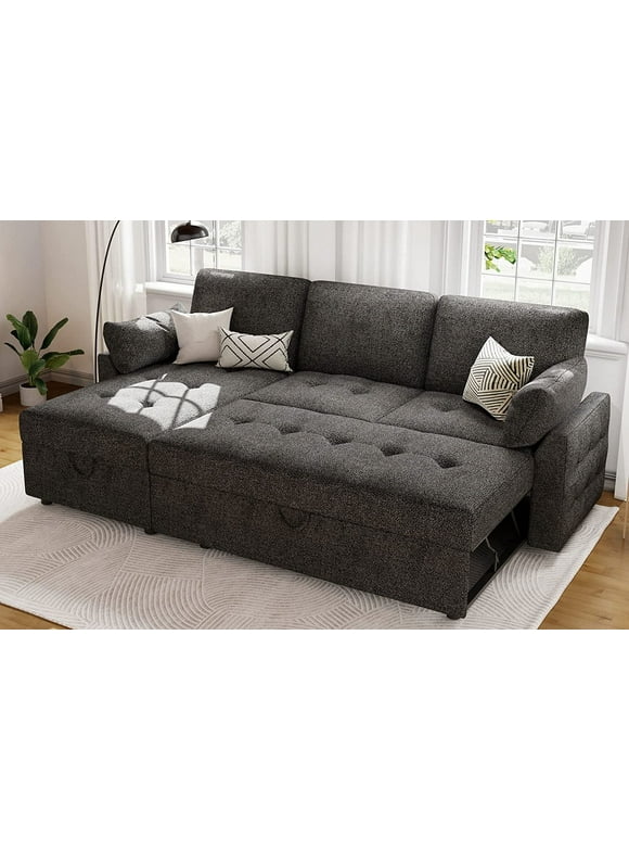AMERLIFE Pull Out Sofa Bed,Modern Tufted Sofa,L Shaped Sofa with Storage Chaise,Chenille Dark Grey