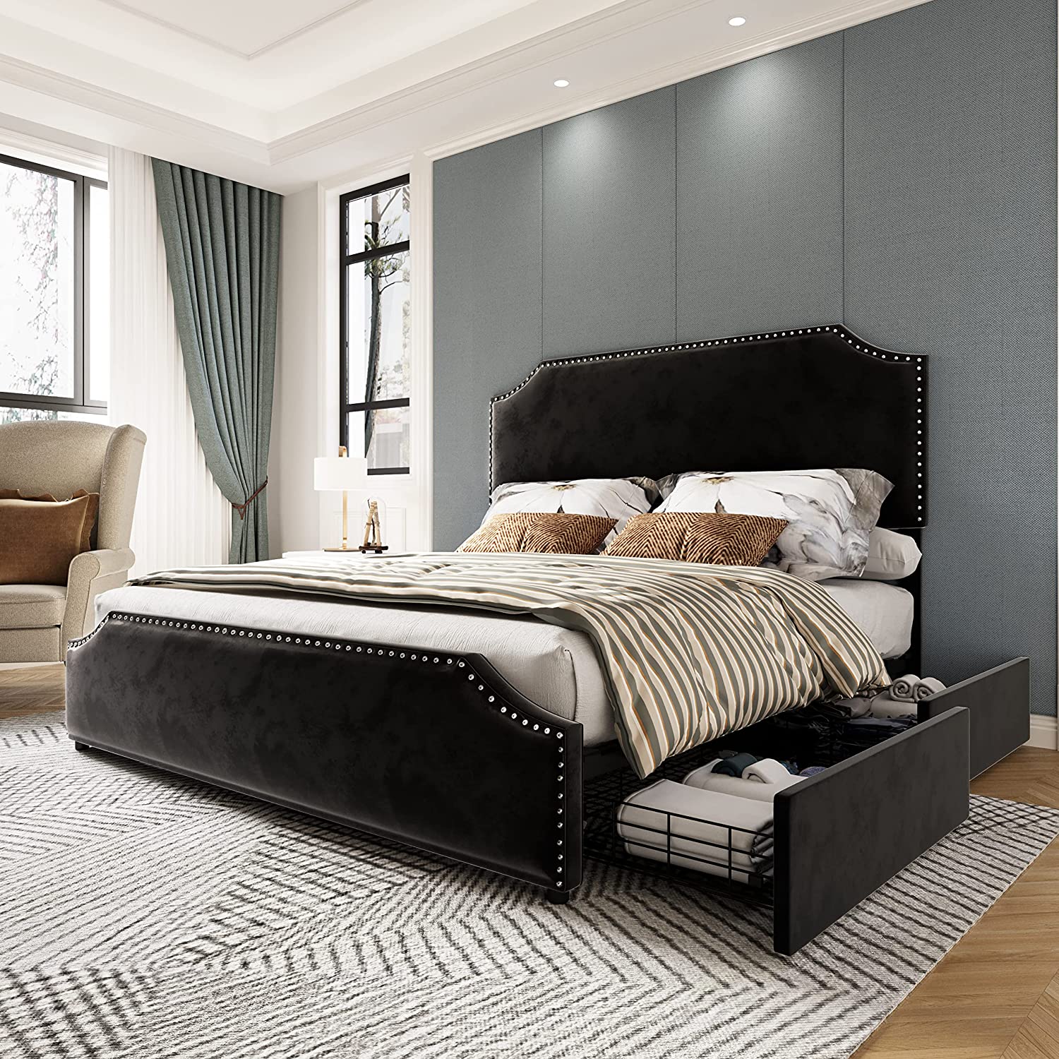 AMERLIFE King Size Platform Bed Frame, Chenille Upholstered Sleigh Bed with Scroll Wingback ...