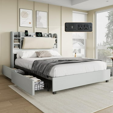 Merluxy Queen Size Bed Frame with 4 Storage Drawers, Upholstered Bed Frame with 47.2" Bookcase Headboard, Wooden Platform Bed with Charging Station/No Box Spring Needed/Light Grey
