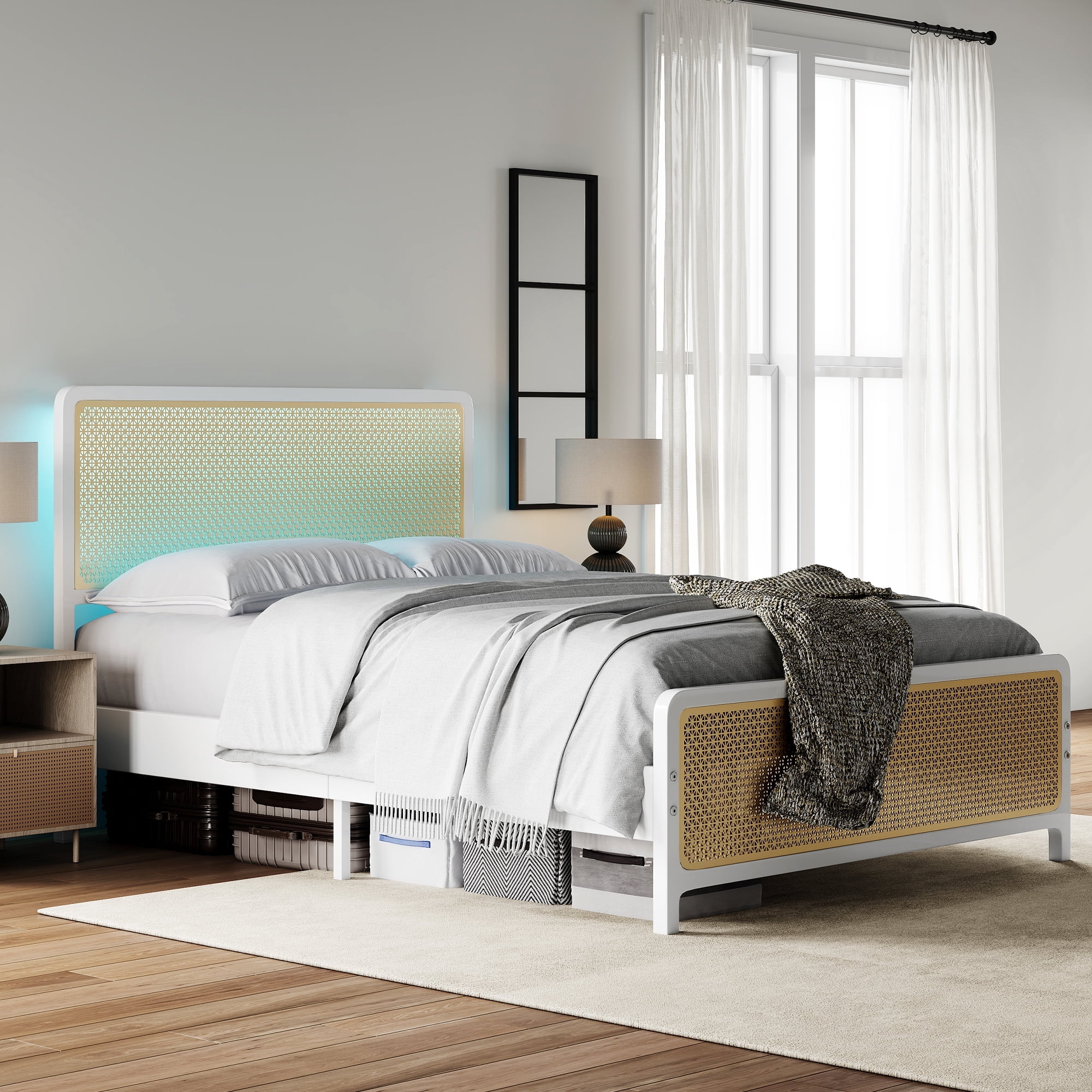 AMERLIFE Queen Size Bed Frame with Metal Rattan Headboard and Footboard, Queen Platform Bed