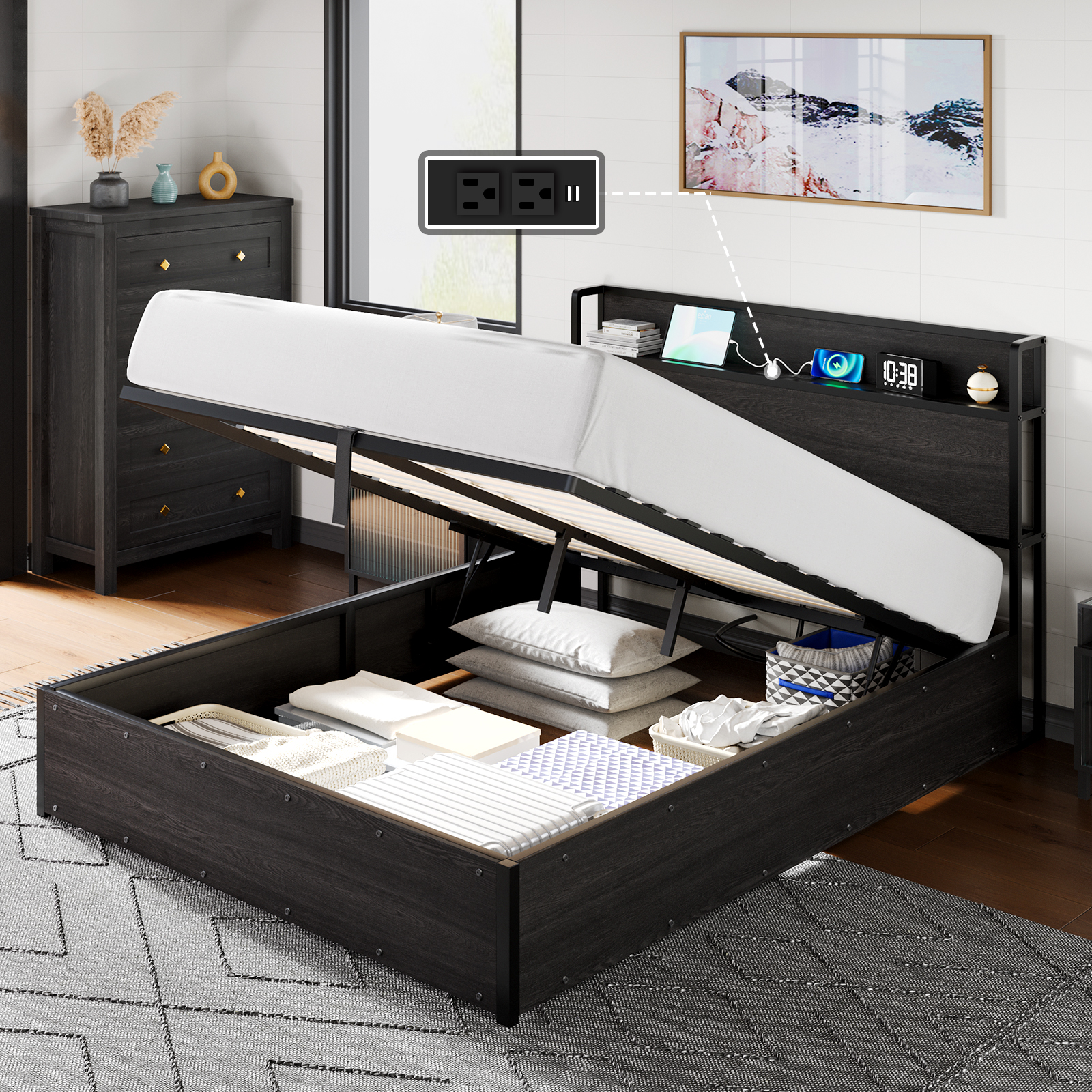 AMERLIFE Queen Size Lift Up Storage Bed Frame, Wooden Platform Bed