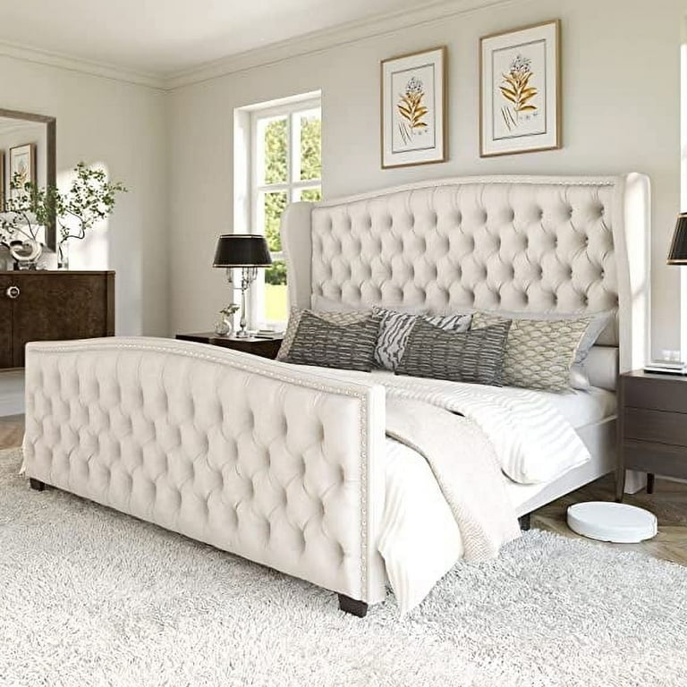 AMERLIFE McCarthy Bed Frame Queen Size Velvet Upholstered Platform Cream