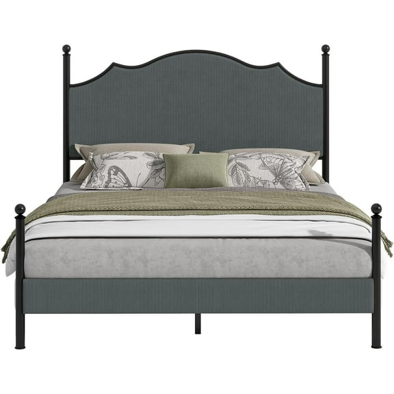 AMERLIFE Queen Size Upholstered Bed Frame with 51.2" Tall Headboard, Metal Four Poster LED Beds for Bedroom, Easy Assembly/Wooden Slats/Dark Grey