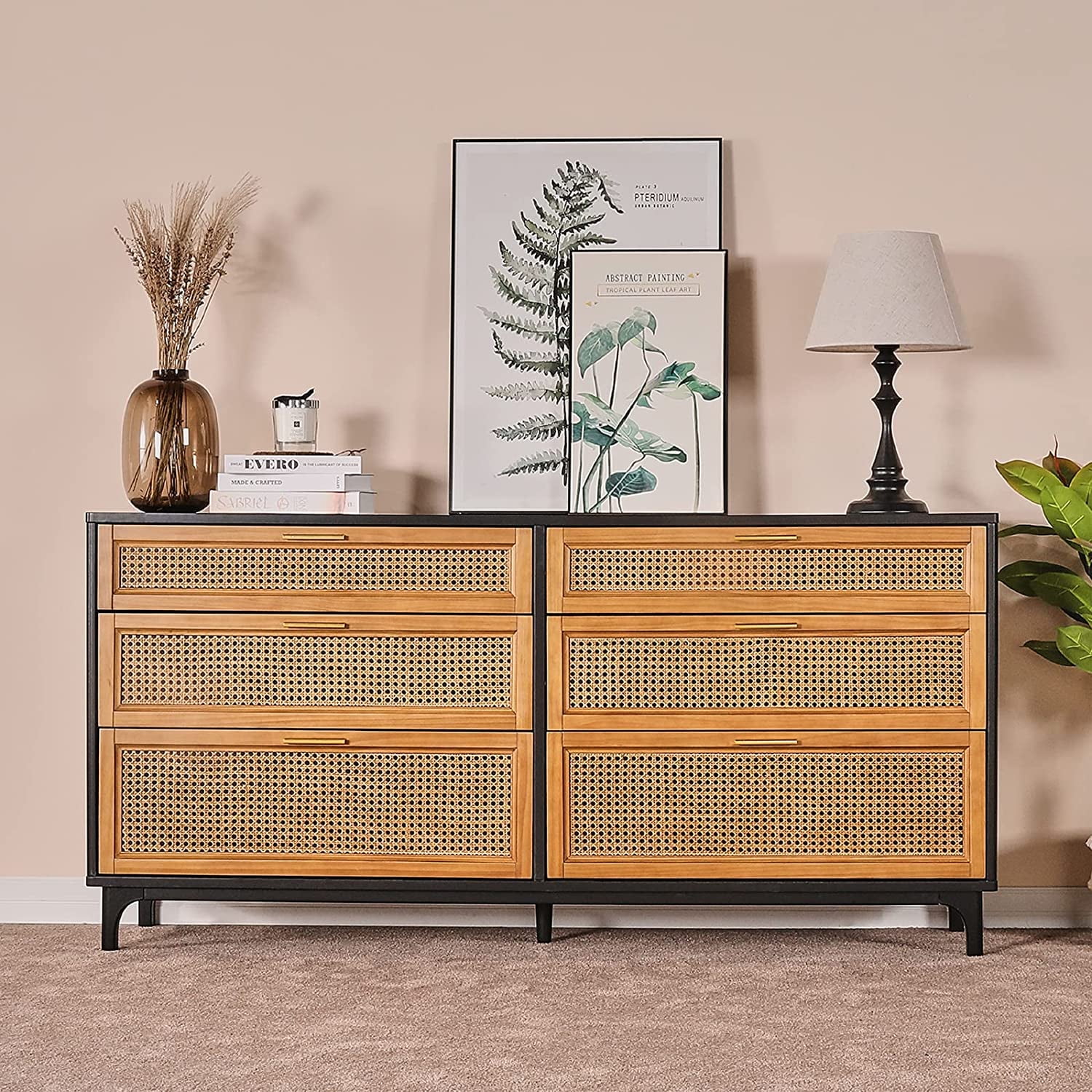 AMERLIFE Rustic Rattan Dresser, Natural Wood Chest with 6 Drawers for ...