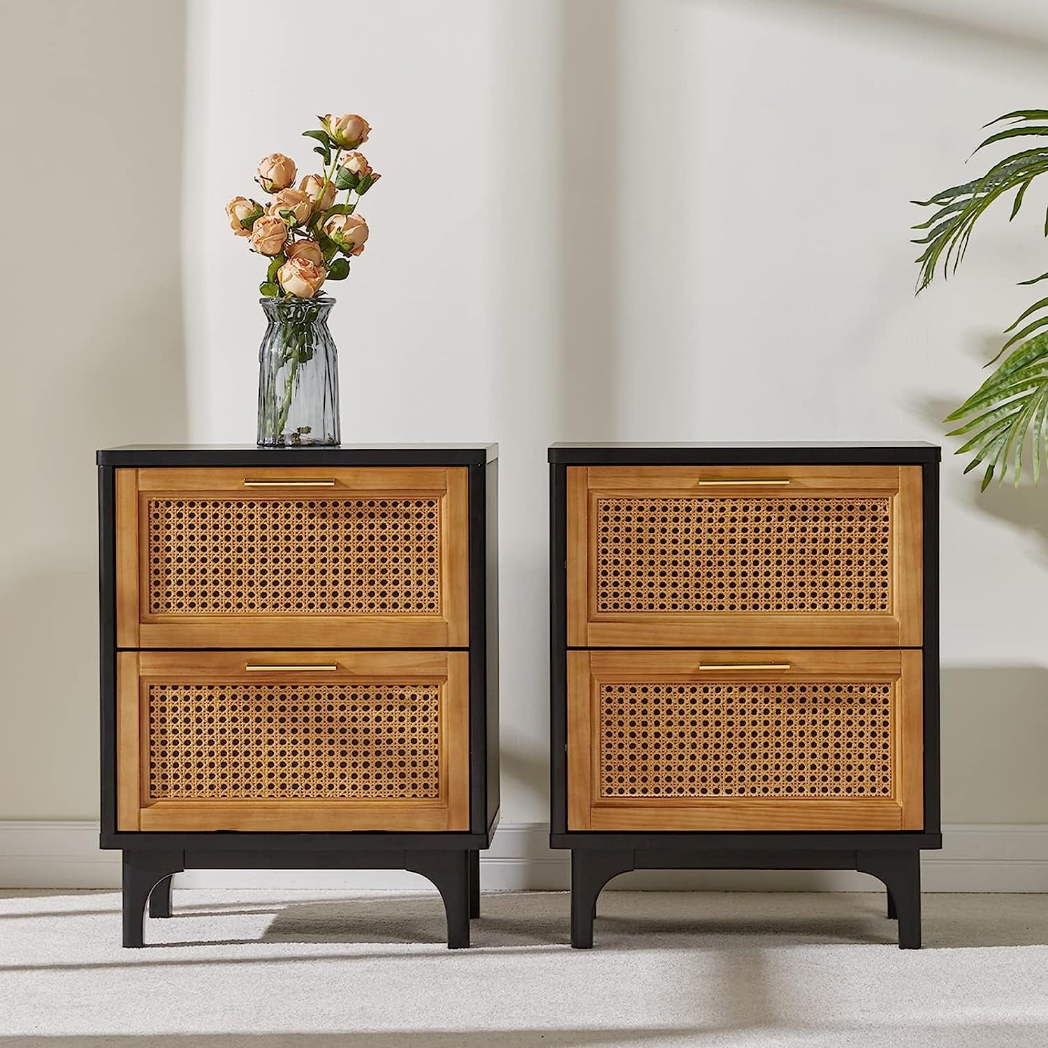 AMERLIFE Set of 2 Rattan Nightstands, Boho Bedside Tables with Solid ...
