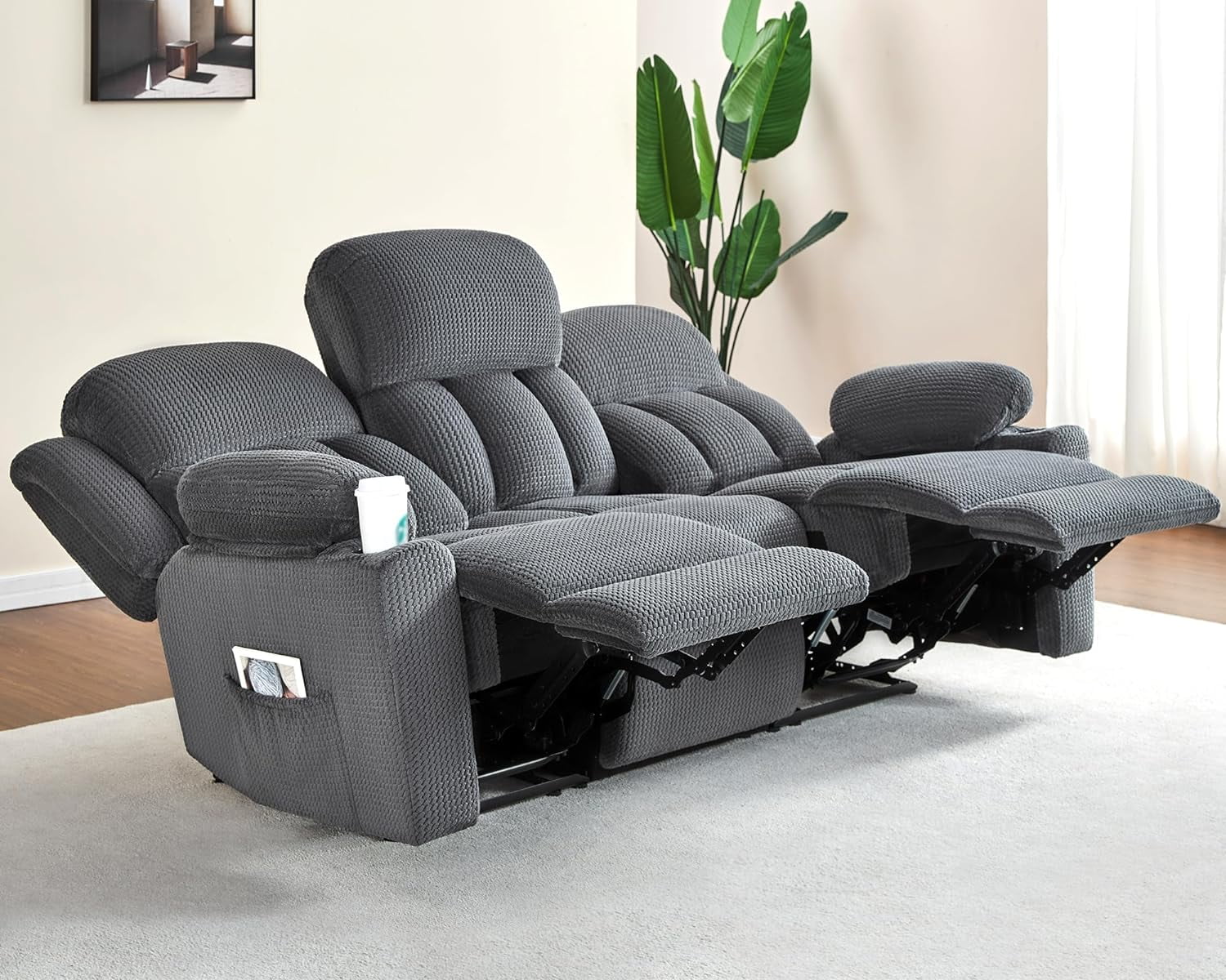 AMERLIFE Triple Reclining Sofa, 3 Seater with Cup Holders, 85 inch Grey Comfy Couch