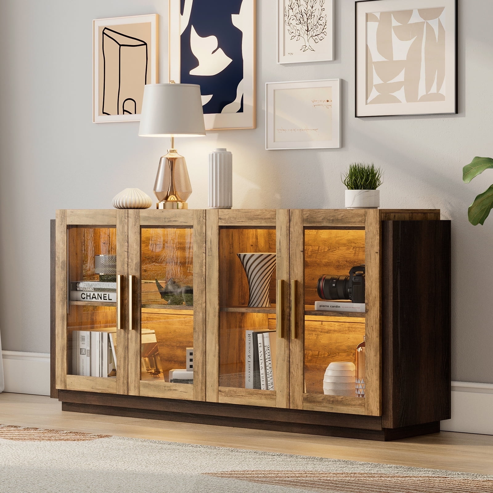 Merluxy Sideboard Buffet Cabinet Accent Cabinet with LED Lights Dining Room Barnwood and Brown