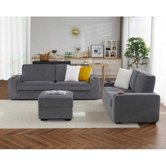 VANACC Sofa, 2 Piece Set with Storage Ottoman, 3 Seater Sofa and Loveseat with Cup Holders & USB Charging Ports, Modern Couches for Living Room(Ash Grey Corduroy)
