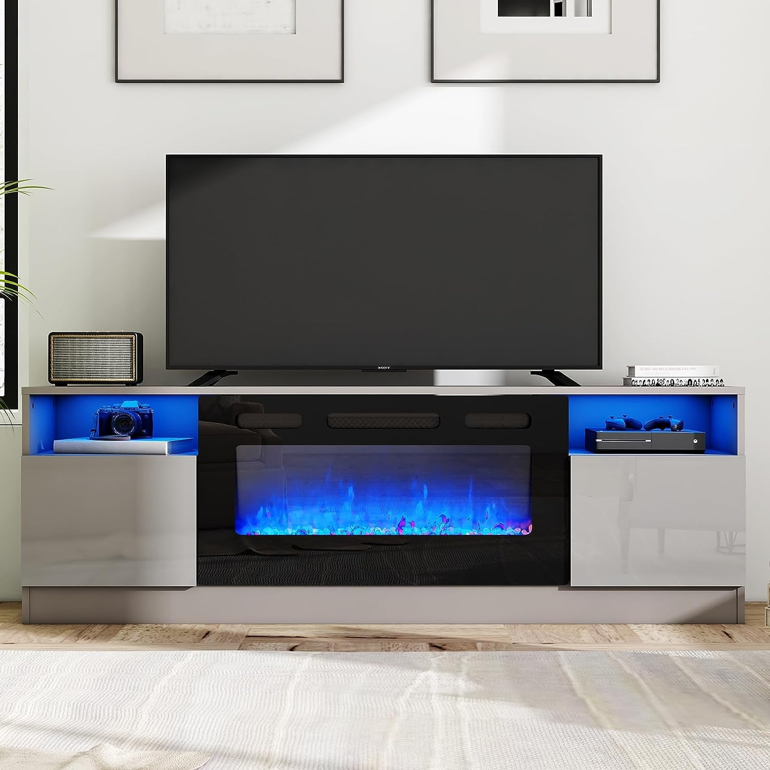 AMERLIFE 70" TV Stand with Electric Fireplace, Wood Table with ...