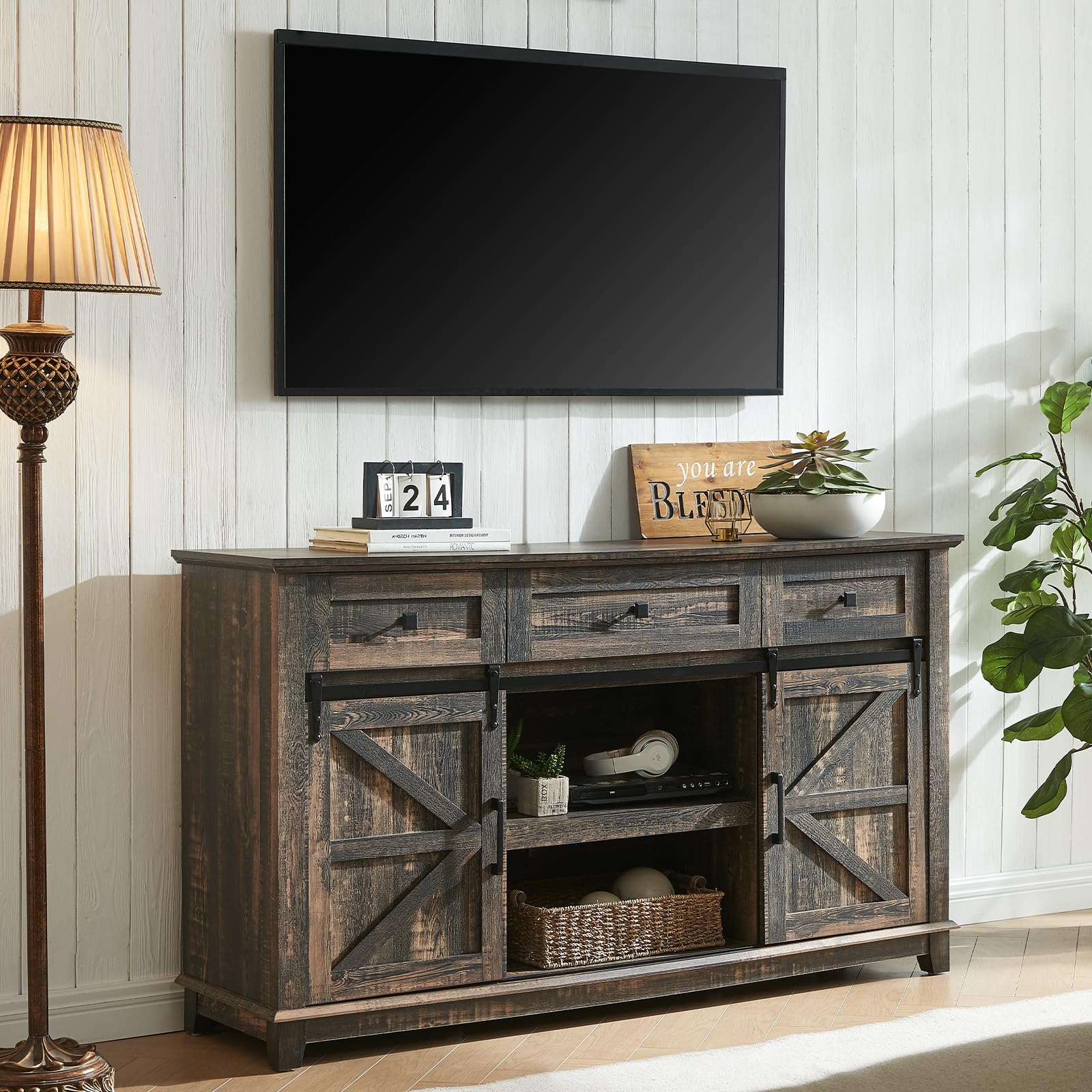 AMERLIFE TV Stands with Sliding Barn Doors for Televisions up to 65