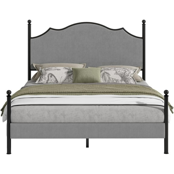 AMERLIFE Upholstered Full Size Bed Frame with 51.2" Tall Headboard, Metal Four Poster LED Beds for Bedroom, Easy Assembly, Wooden Slats, Grey