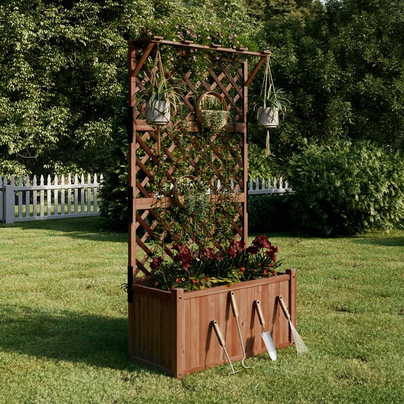 Jocisland 35.4x17.7x72 inch Wood Planter with Trellis and 1.6Ft Depth Large Planter Box for Outdoor, Raised Garden Bed for Climbing Plants, Gardening, Vegetables