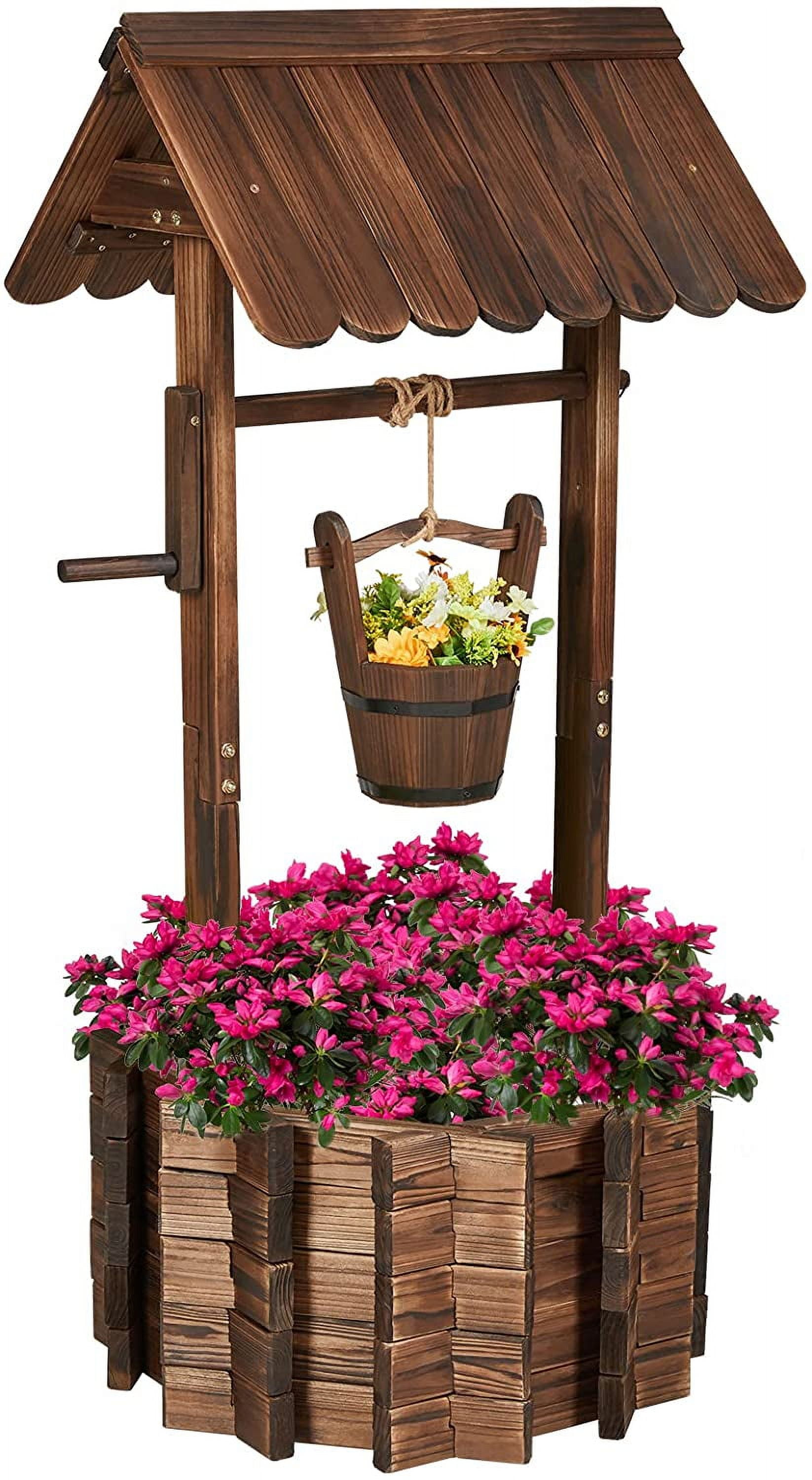 AMERLIFE Wooden Wishing Well Height Adjustable Hanging Bucket, Wishing Well Planter with 4