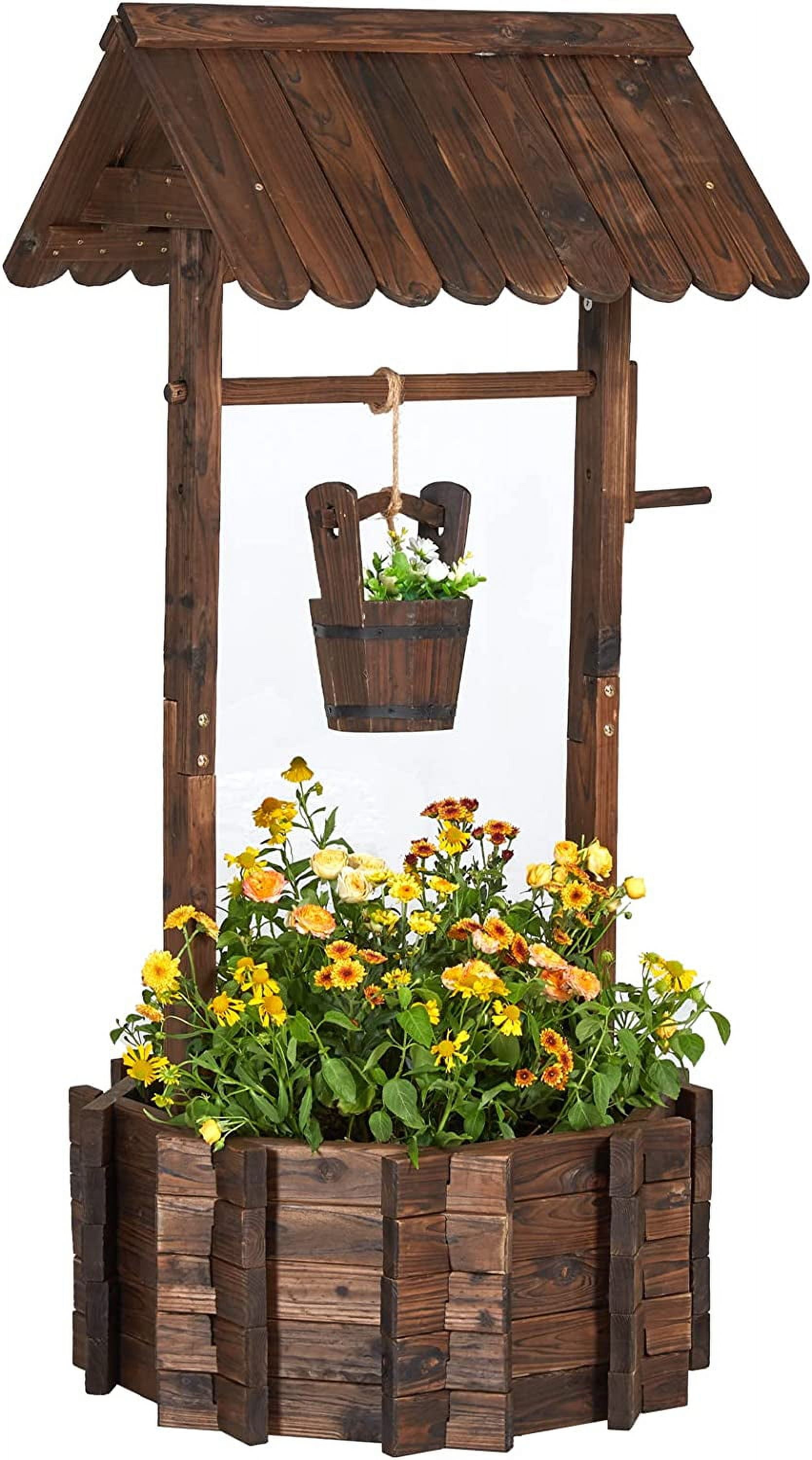 AMERLIFE Wooden Wishing Well Larger Size with Height Adjustable Hanging Bucket, Wishing Wood